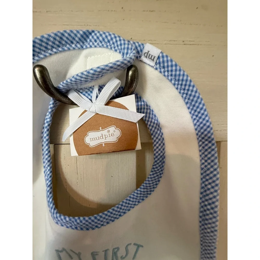 Mud Pie My First Hanukkah Baby Bib Blue Gingham Minky Dot White NWT